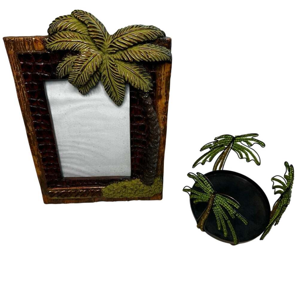 Palm Tree Photo Frame And Palm Tree Candle Holder Set Bundle, Picture Frame